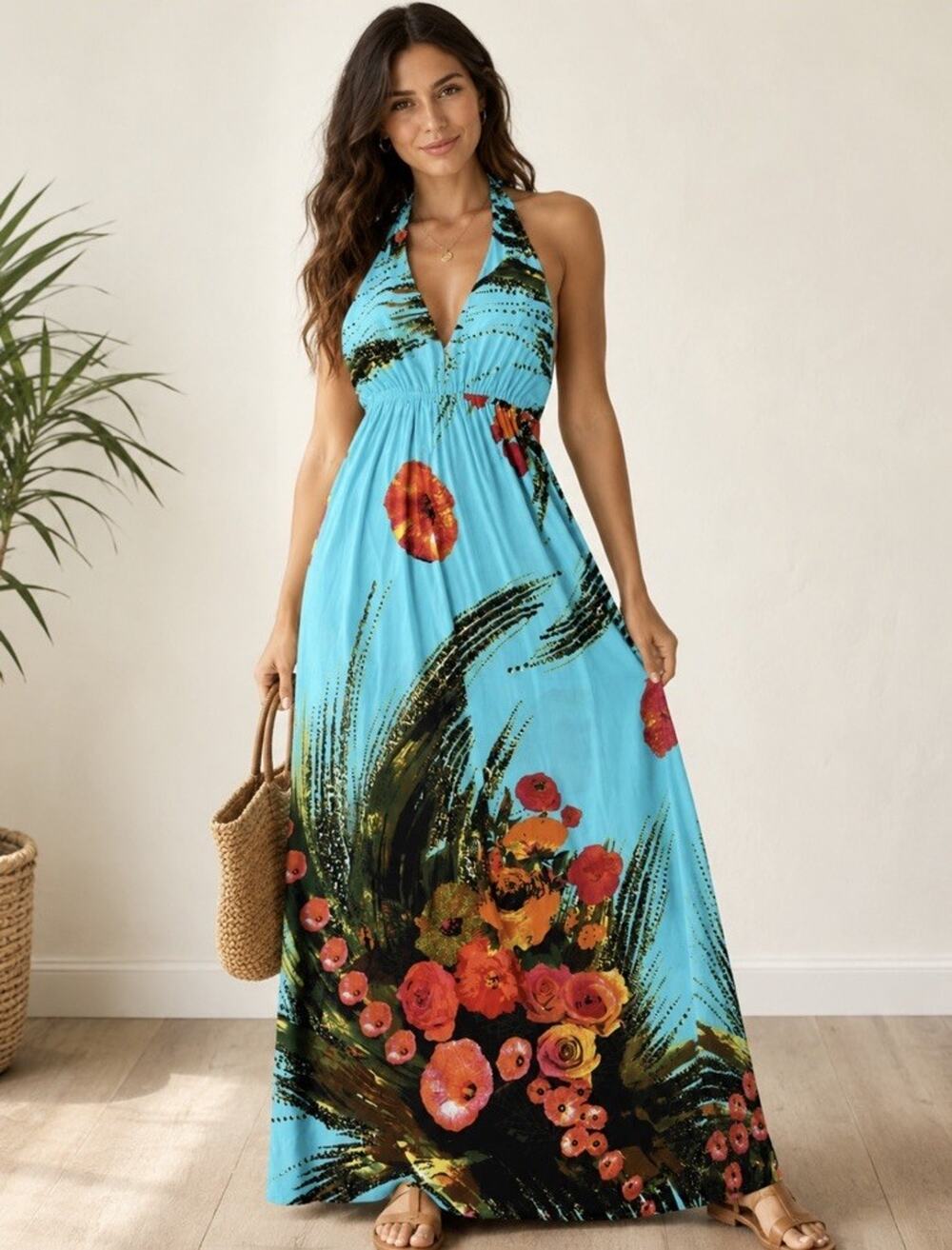 Lugi Vintage Y2K Halter Maxi Dress XS Turquoise Floral Tropical Resort 90s